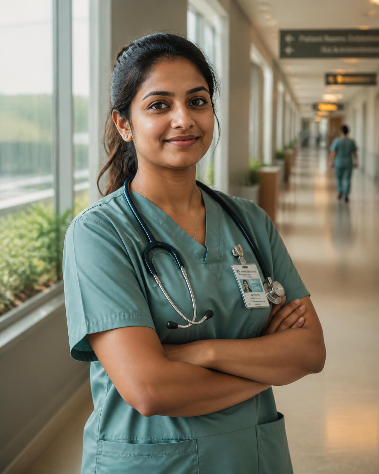 A nurse in scrubs standing in a hospital corridor